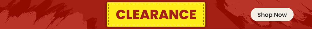 Red painted background with bright yellow box on it saying Clearance'. Clicking leads to all clearance products.